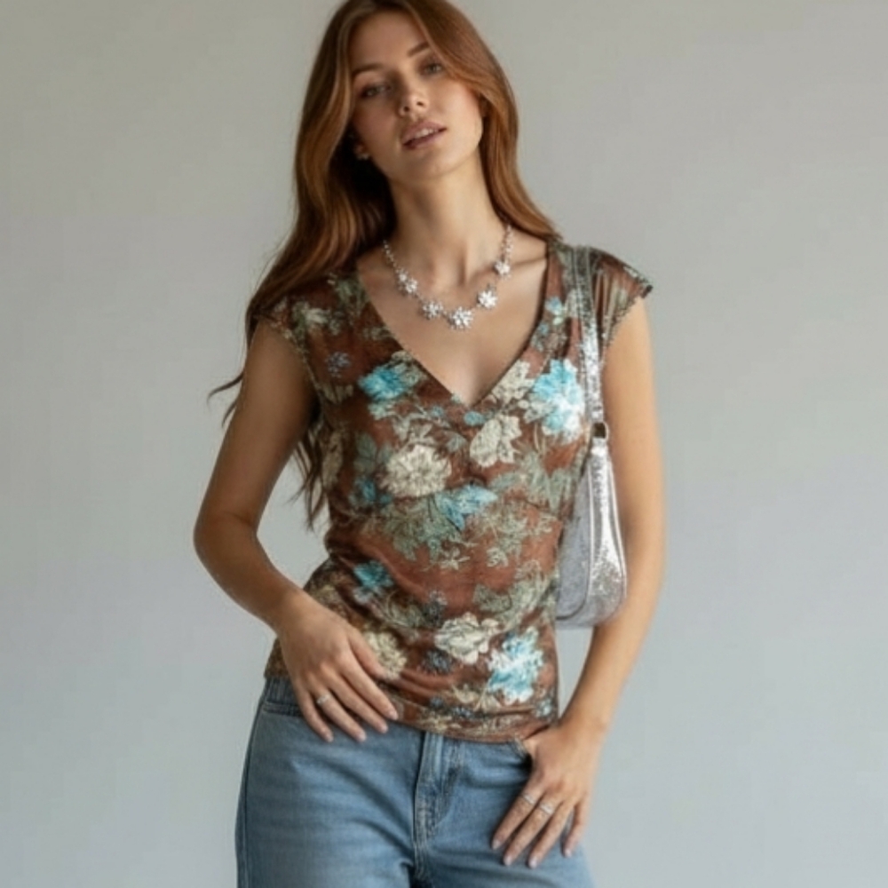 Vintage Y2K Top Brown Floral Fall Blouse Size M Satin‎ French Cuff Button Side